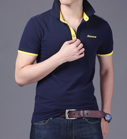 精棉萊卡高檔POLO衫定做，藏青色搭配黃色效果款式圖