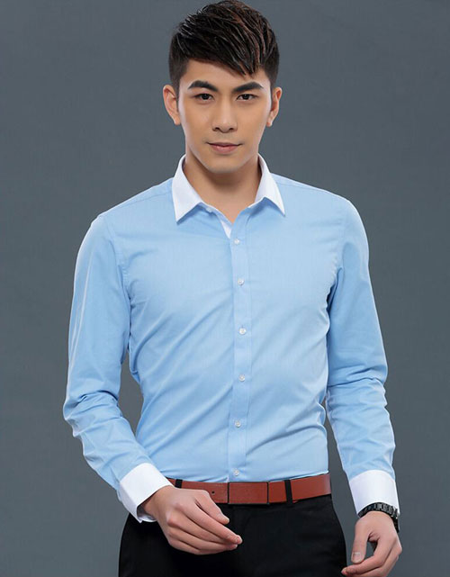 淺藍(lán)配白色領(lǐng)職業(yè)襯衫工作服訂做款式圖片