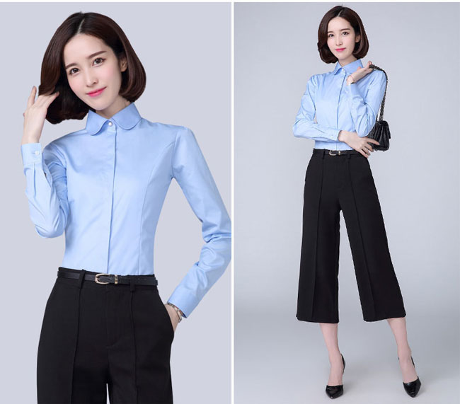 娃娃領(lǐng)長袖女襯衫訂做淺藍(lán)色款式圖二