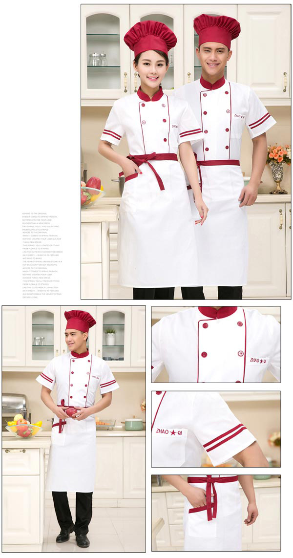 新款紅白搭配短袖廚師服定做款式細節(jié)展示圖