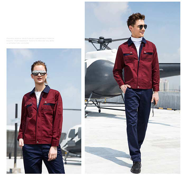 棗紅色長(zhǎng)袖滌棉勞保工程服定制模特效果圖