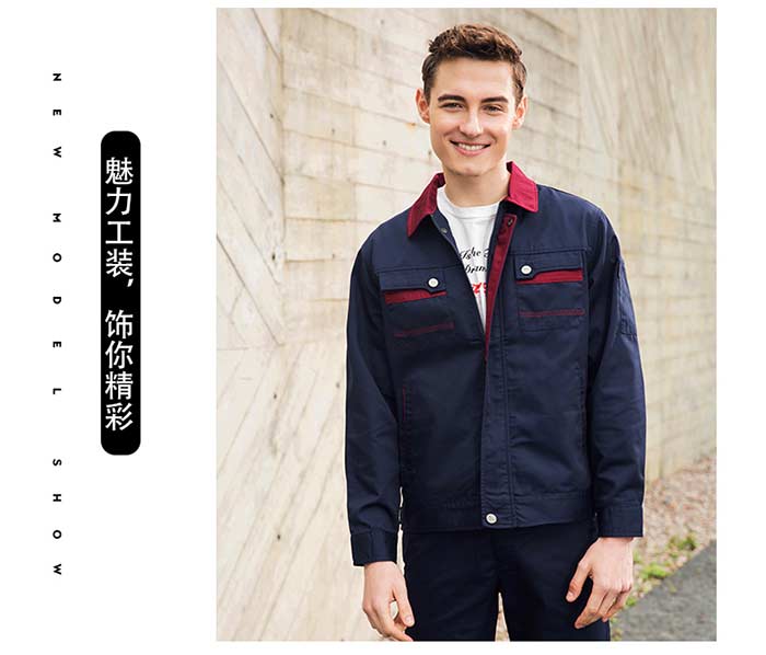 深藍(lán)色長(zhǎng)袖滌棉深圳工衣定做模特展示圖