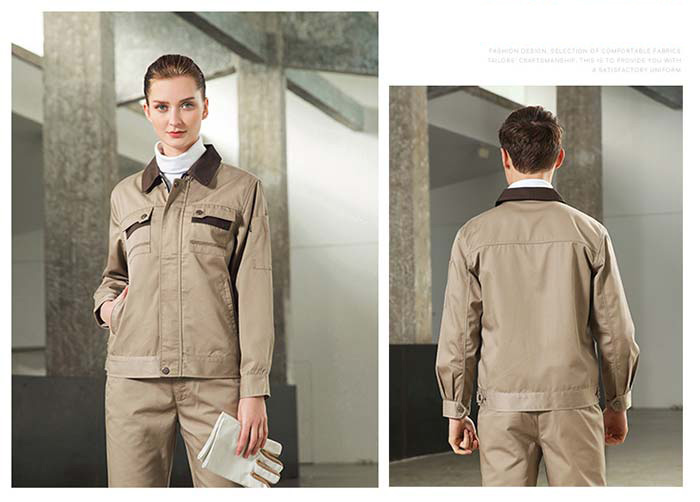 駝色現(xiàn)貨長(zhǎng)袖滌棉工作服定做模特效果平面圖
