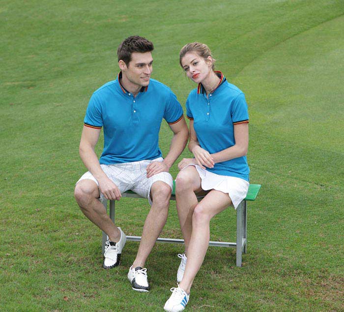 孔藍(lán)色款彩虹領(lǐng)短袖T恤衫定做男女模特效果圖,現(xiàn)貨翻領(lǐng)短袖POLO衫制作LOGO