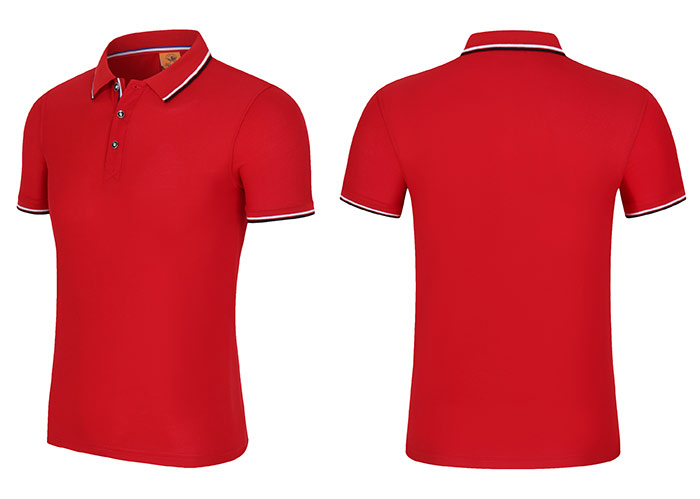 200克紅色款CVC間色領(lǐng)配織帶門瞳短袖翻領(lǐng)T恤衫工衣立體款式圖