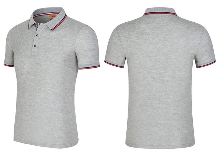 200克花灰色款CVC面料間條衣領(lǐng)配織帶門瞳短袖翻領(lǐng)T恤衫工衣立體款式圖