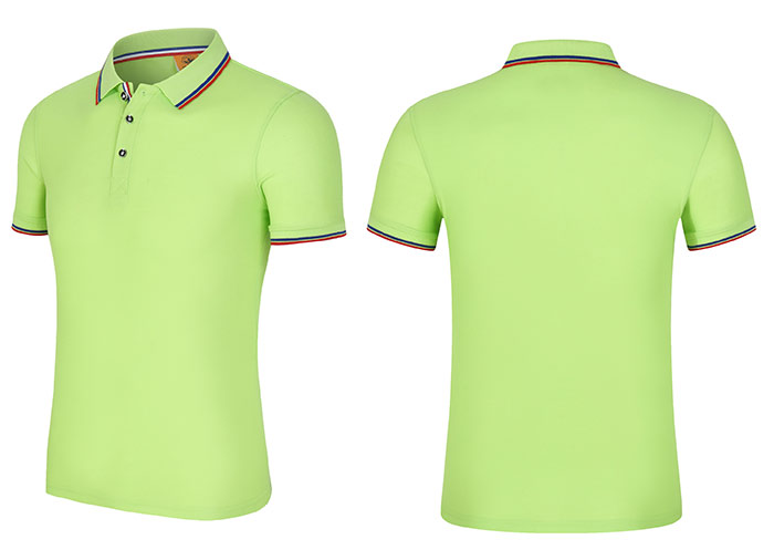200克果綠色款CVC面料間條衣領(lǐng)配織帶門瞳短袖POLO衫工作服立體款式圖